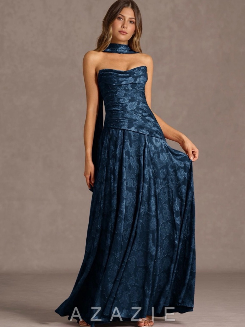 Azazie Deep Navy Strapless Jacquard Gown with Neckband